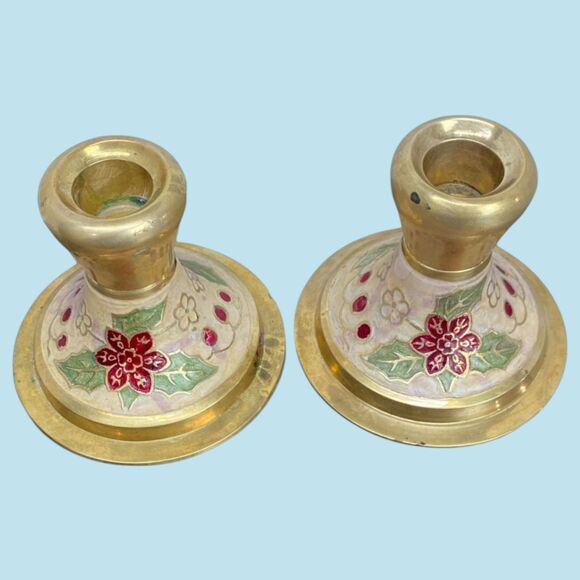 Unbranded Other - Vintage India Brass Cloisonné Enamel Holiday Poinsettia Set Candle Holders